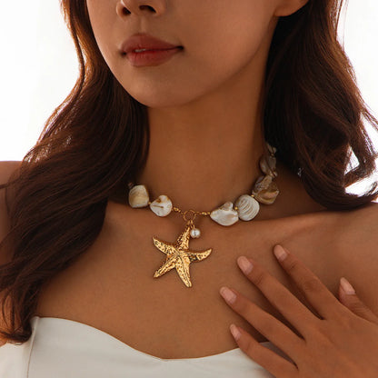 Retro Starfish White Shell Conch Pendant Necklace Women 2025 Simple Creative Colorful Stones Hand Woven Beach Jewelry Girls