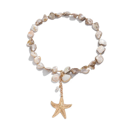 Retro Starfish White Shell Conch Pendant Necklace Women 2025 Simple Creative Colorful Stones Hand Woven Beach Jewelry Girls