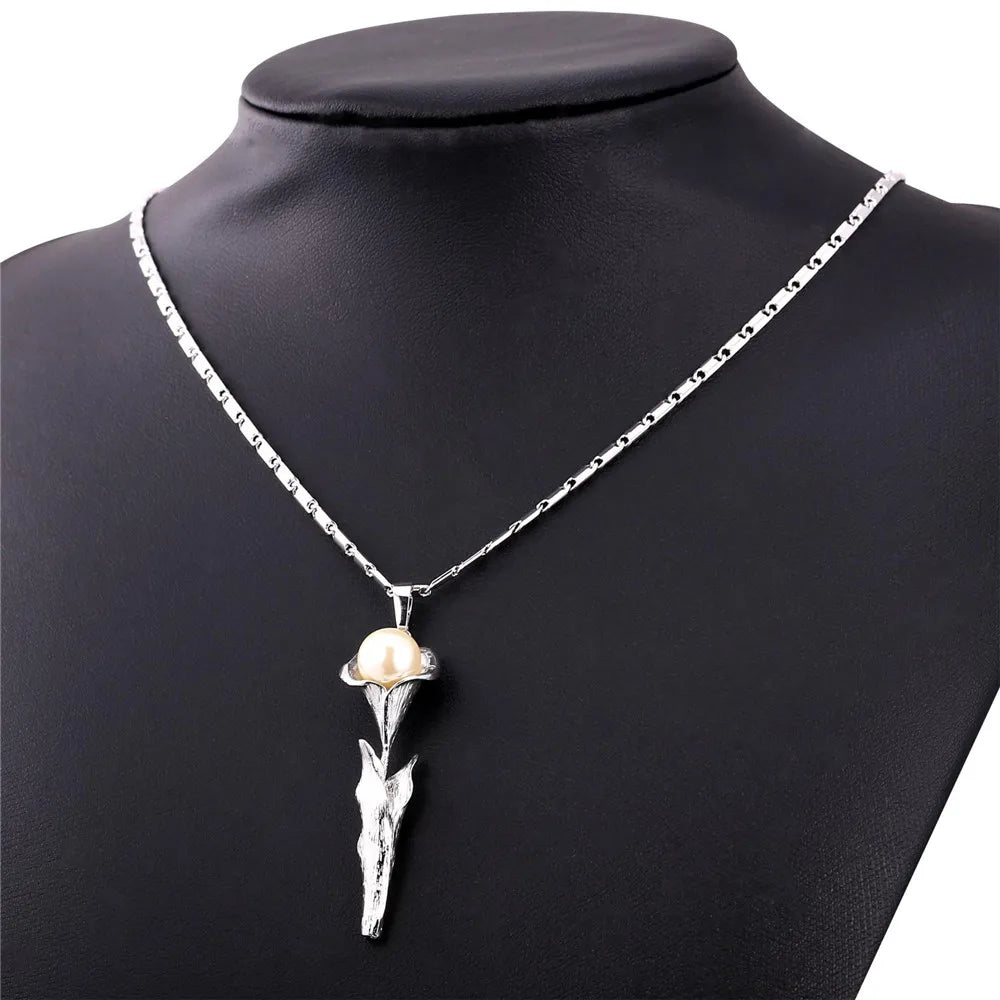 U7 3D Rose Flower Pendant Necklace for Women Red Roses Pearl Beaded Wedding Birthday Jewelry Gift for Her Mother's Day Gift