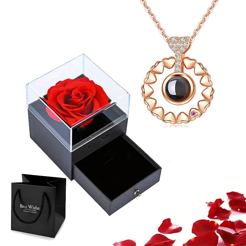 Projection Necklace Set With Rose Gift Box 100 Languages I Love You Heart Pendant Jewelry 2023 Hot Sale Accessories