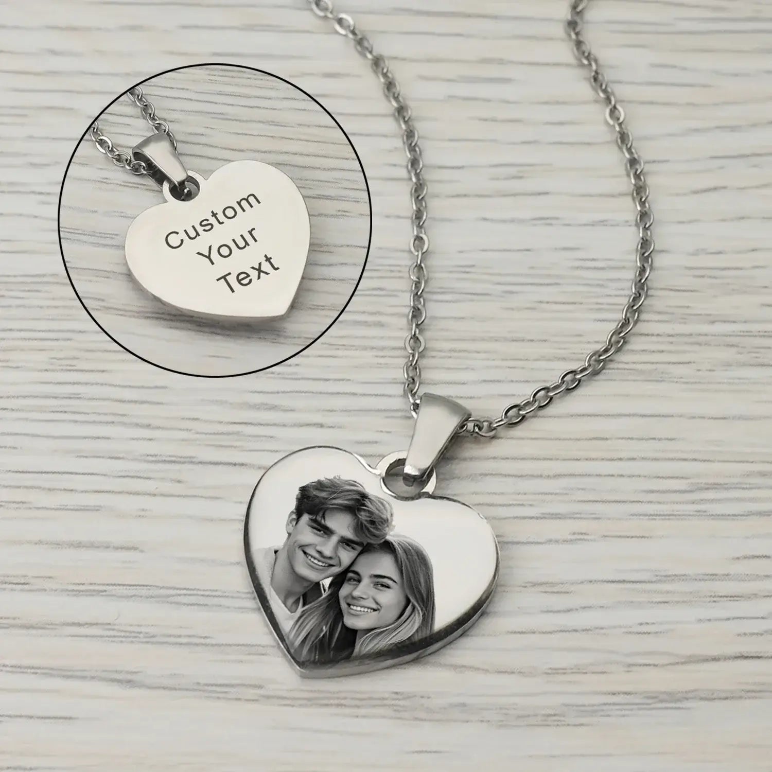Picture Necklace Personalized for Women - Custom Photo Pendant featuring a heart-shaped design with custom text and photo.