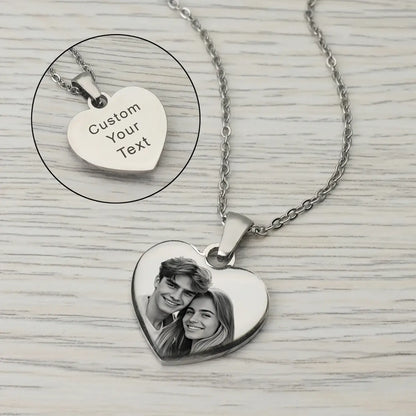 Picture Necklace Personalized for Women - Custom Photo Pendant featuring a heart-shaped design with custom text and photo.
