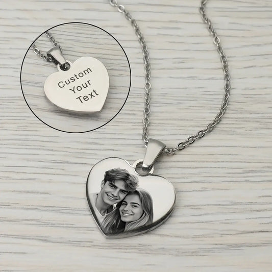 Picture Necklace Personalized for Women - Custom Photo Pendant featuring a heart-shaped design with custom text and photo.