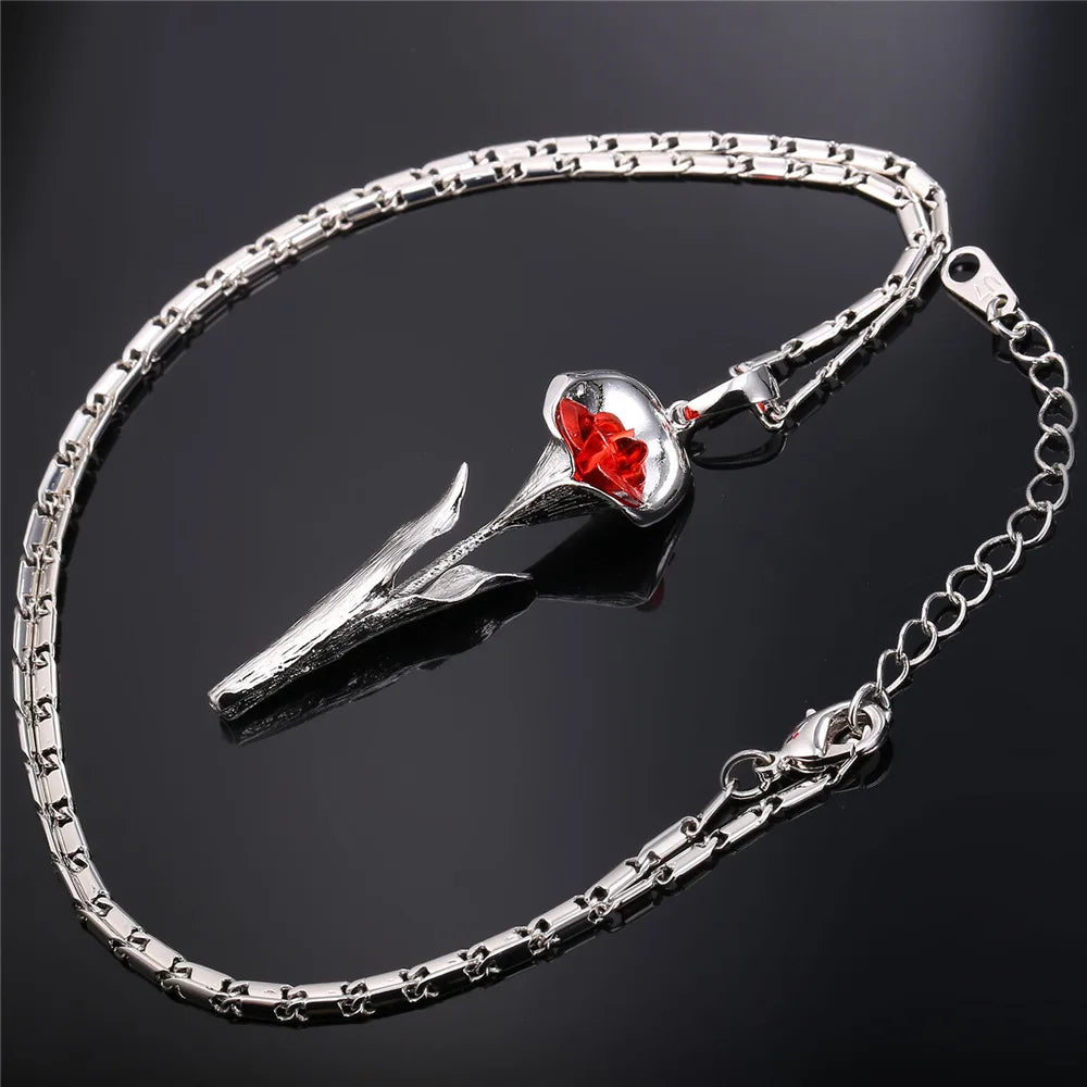 U7 3D Rose Flower Pendant Necklace for Women Red Roses Pearl Beaded Wedding Birthday Jewelry Gift for Her Mother's Day Gift