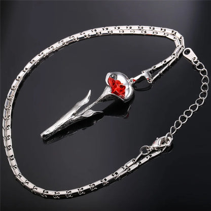 U7 3D Rose Flower Pendant Necklace for Women Red Roses Pearl Beaded Wedding Birthday Jewelry Gift for Her Mother's Day Gift