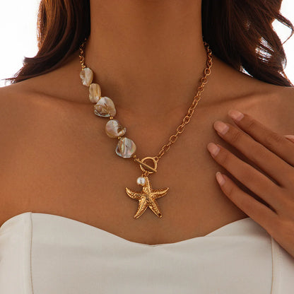 Retro Starfish White Shell Conch Pendant Necklace Women 2025 Simple Creative Colorful Stones Hand Woven Beach Jewelry Girls