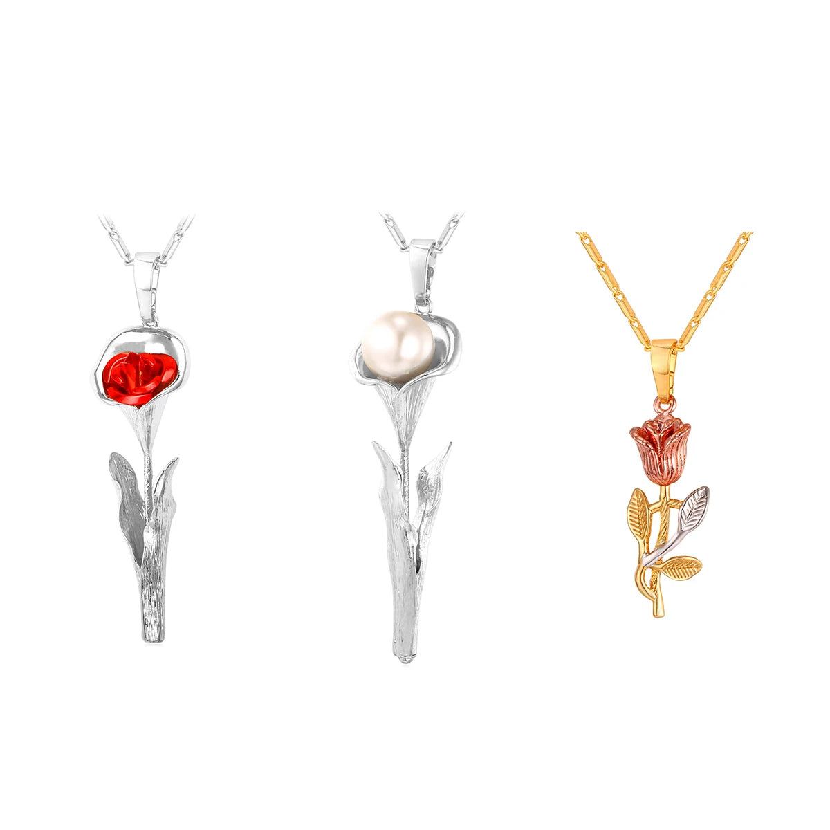 U7 3D Rose Flower Pendant Necklace for Women Red Roses Pearl Beaded Wedding Birthday Jewelry Gift for Her Mother's Day Gift