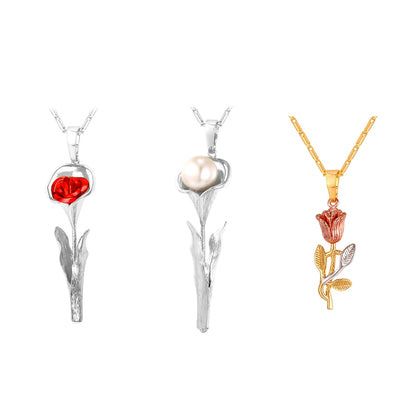U7 3D Rose Flower Pendant Necklace for Women Red Roses Pearl Beaded Wedding Birthday Jewelry Gift for Her Mother's Day Gift