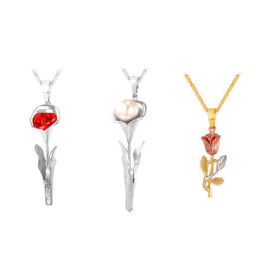 U7 3D Rose Flower Pendant Necklace for Women Red Roses Pearl Beaded Wedding Birthday Jewelry Gift for Her Mother's Day Gift