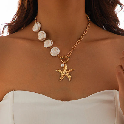 Retro Starfish White Shell Conch Pendant Necklace Women 2025 Simple Creative Colorful Stones Hand Woven Beach Jewelry Girls