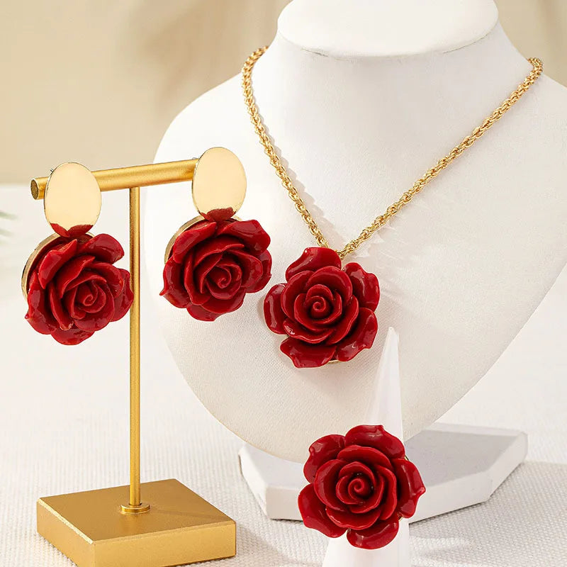 Rose Flower Pendant Necklace Earrings Ring Set Fashion Jewelry Accessories Hot Sale Party Gift 2025 New Style