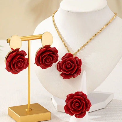 Rose Flower Pendant Necklace Earrings Ring Set Fashion Jewelry Accessories Hot Sale Party Gift 2025 New Style