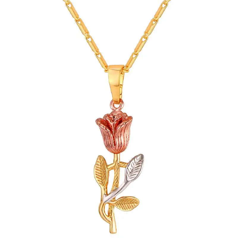 U7 3D Rose Flower Pendant Necklace for Women Red Roses Pearl Beaded Wedding Birthday Jewelry Gift for Her Mother's Day Gift